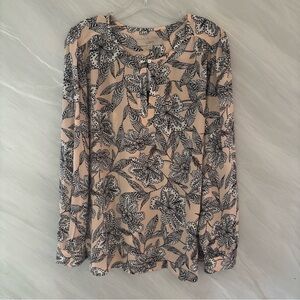 Loft Women’s L Pink/Black Floral Keyhole Neck Long Sleeve Blouse Career Office
